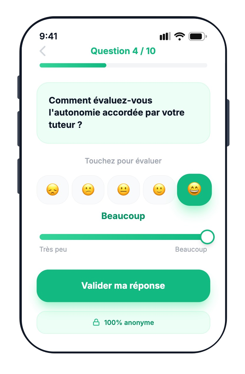 Interface mobile du questionnaire stagiaire Speak & Act