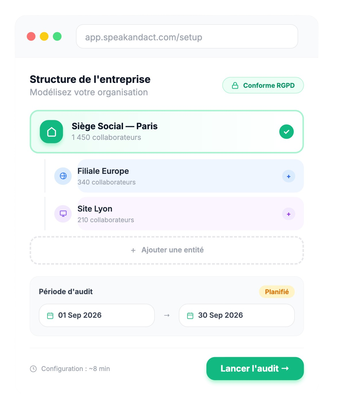 Dashboard de configuration de l'audit de culture d'entreprise Speak & Act