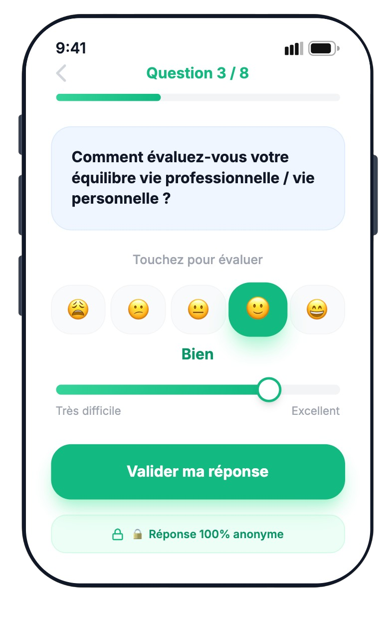 Interface mobile du questionnaire d'engagement collaborateur Speak & Act